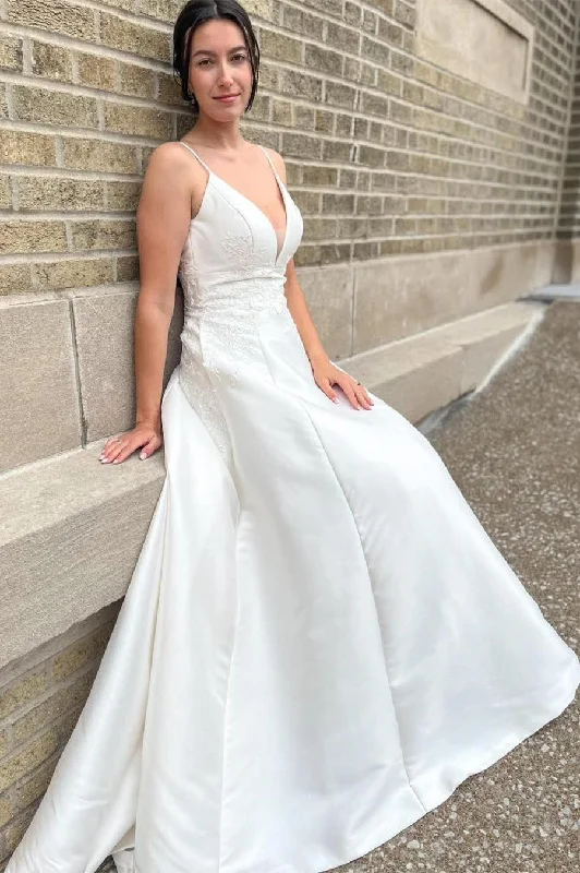 End-Of-Season Clearance White V-Neck A-Line Long Wedding Dress with Appliques Effortless Grace