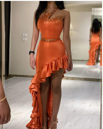 Cozy Comfort Style Sale Orange Pearl Beads One Shoulder Long Prom Dresses Sexy Cut Out Waist Slim Fit Straight Satin Senior Bridesmaid Gowns Y6320 Art Deco Geometric Pattern Look