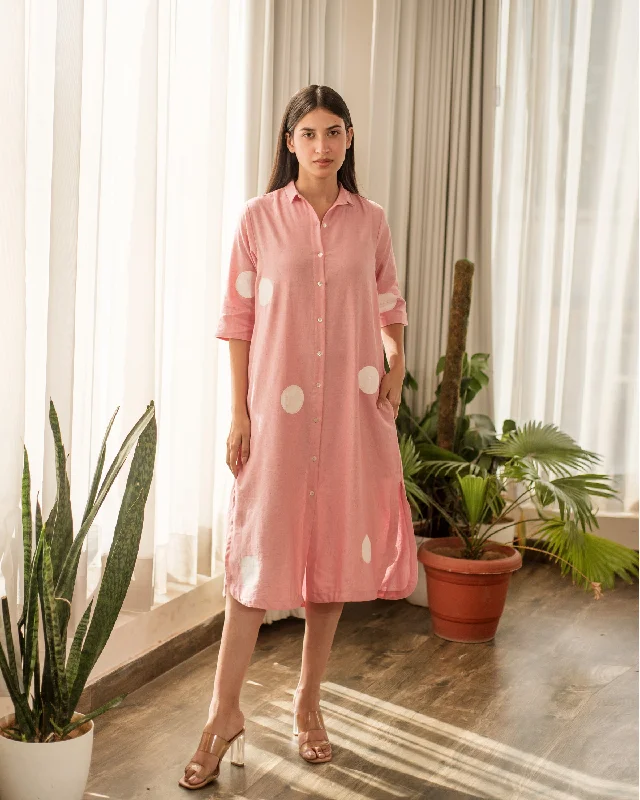 Elegant Style Pink Polka Shirt Dress Bold Patterns