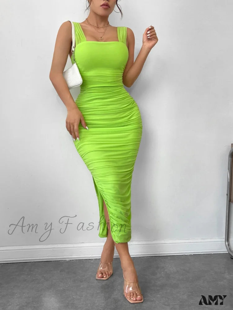 Street Style Discounts Amy Fashion - Slit Hem Mesh Bodycon Dress Parisian Effortless Chic Style