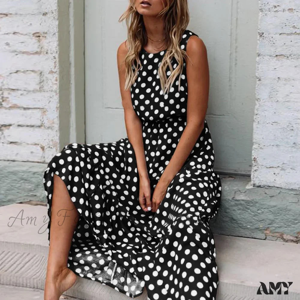 Daily Deals Amy Fashion - Casual Versatile Sleeveless Round Neck Polka Dot Boho Dress Romantic Detailing