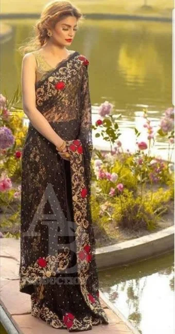 Holiday Glam Chiffon Bridal Bangali Saree In Black And Golden Color Model# B 1815 Limited - Edition Drops