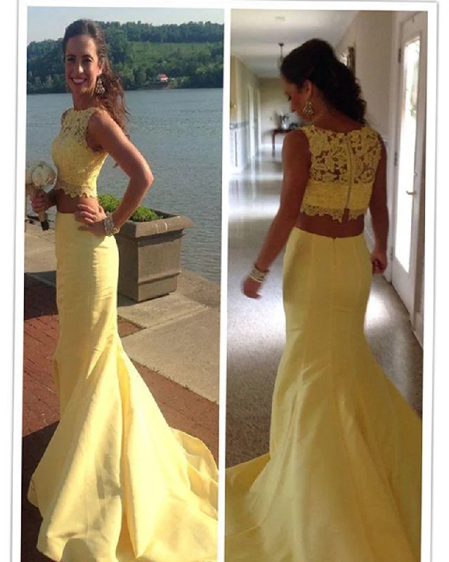 Flash Sale Fever Yellow two Pieces mermaid Prom Dress 2019 Long Satin LP6652 Great Deals on Ethnic Cultural Wear