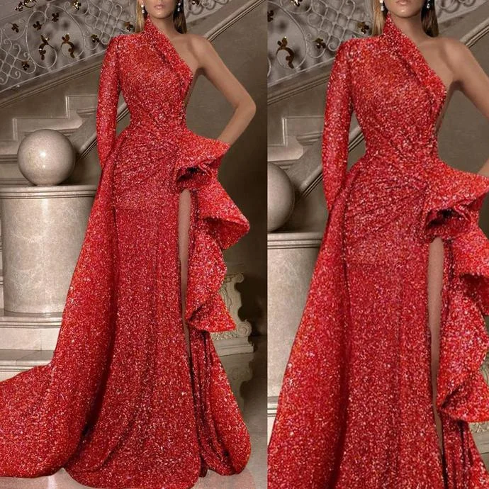 Minimalist Fashion Sale sparkly prom dresses 2020 one shoulder long sleeve side slit peplum ruffle detachable skirt red evening dresses formal dresses   cg13710 Bold Patterns