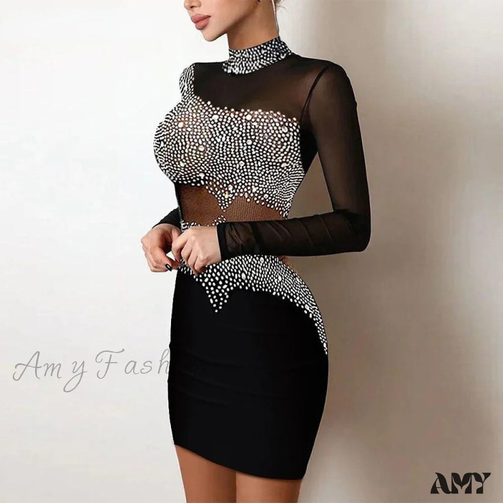 Chic Trend Collection Amy Fashion - Women Elegant Rhinestone Decor Mesh Bodycon Dress Grab Romantic Date - Night Styles Now