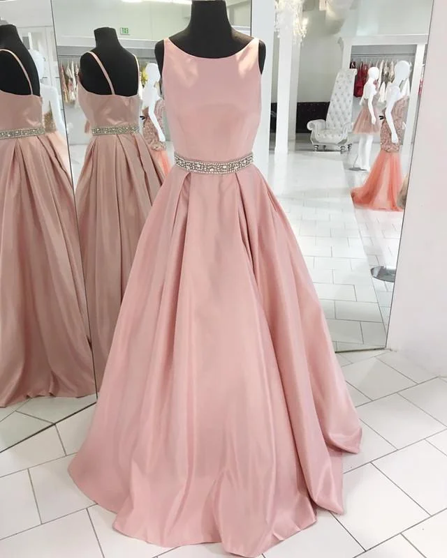 Limited Stock Siaoryne LP0929 A Line Satin Pink Prom Dresses Scoop Neckline with Beading Belt formal Party Dresses Classic Timeless Elegant Style