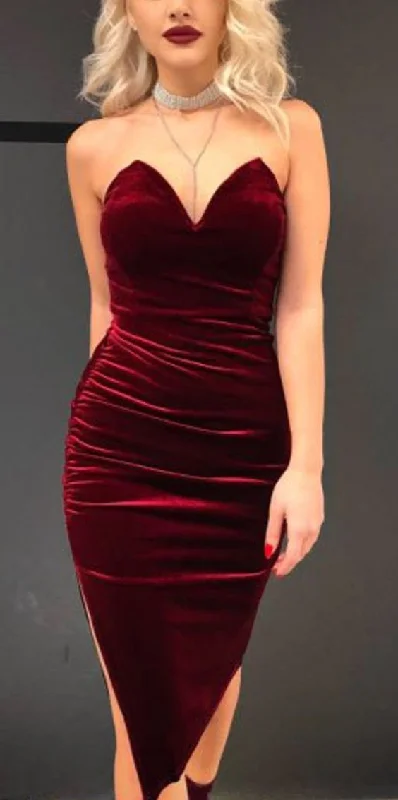 Insane Discount Onslaught Luciana Strapless Corset Bodycon Burgundy Velvet Slit Midi Dress prom Dress    cg14276 Sophisticated Cut