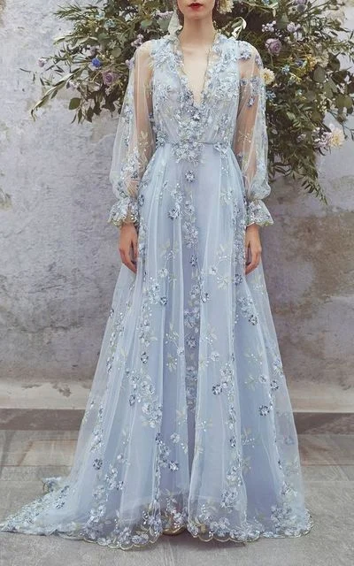 Premium Style Light blue party dress long sleeve evening dress tulle applique long prom dress    cg20753 Limited - Edition Drops