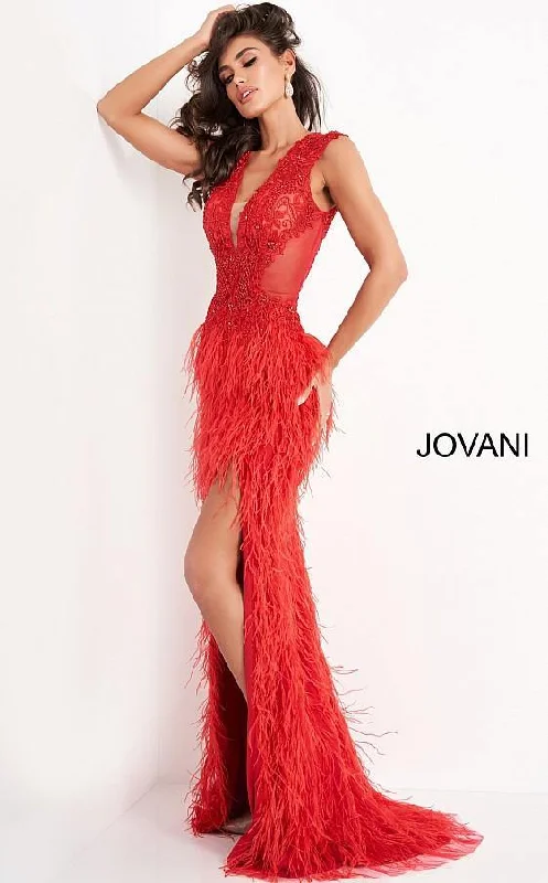 Chic And Edgy Jovani 06446 Long Sheath Feather Prom Dress Vintage Elegance