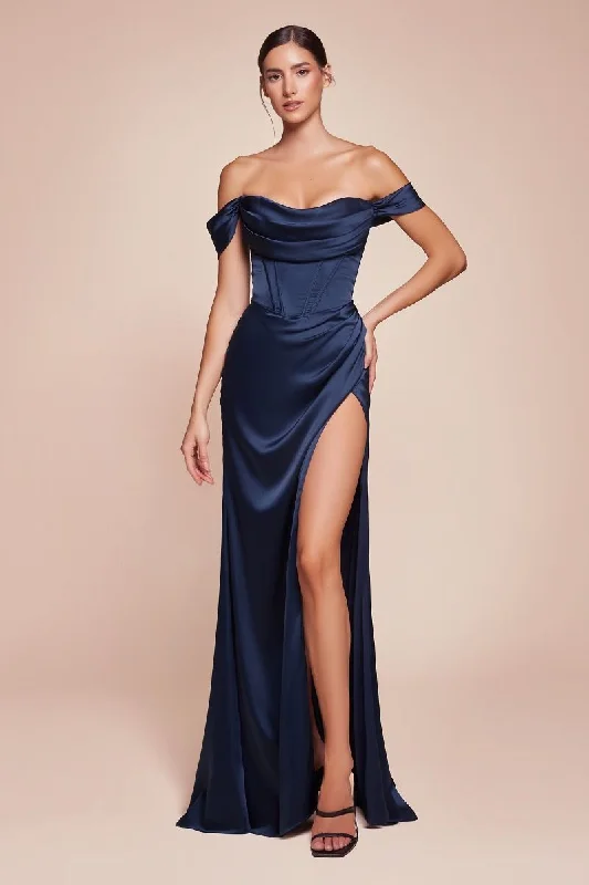 Exclusive Discounts Off The Shoulder Cowl Neck Corset Satin Long Prom & Bridesmaid Dress CD7492 Romantic Flair