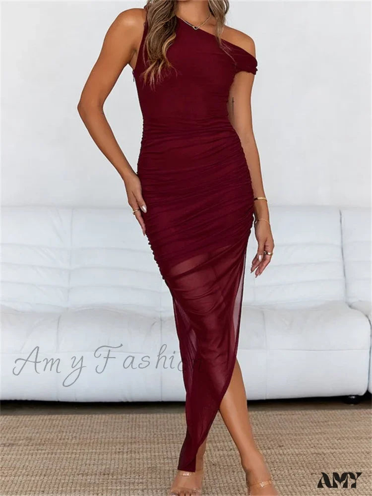 Trendy Styles Amy Fashion - Women Mesh Off Shoulder  Solid Color Asymmetrical Hem Sleeveless Ruched Bodycon Party Female Vestidos Polished Finish