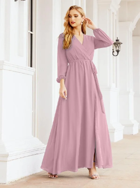 Hot Trends Numbersea Women's Chiffon Bridesmaid Dress A line Long Sleeves Formal Evening Prom Gown for Wedding Guest 28032 Minimalist Elegant