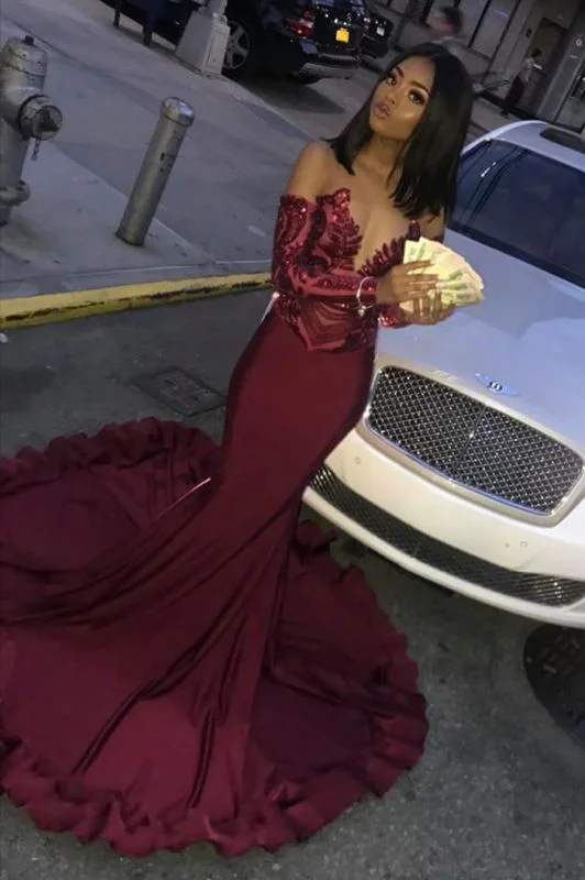 Limited Time Offer Sexy Burgundy Sequins Mermaid Prom Dresses | Cheap Long Sleeves Evening Dresses    cg10947 Boho - Chic Festival - Ready Style