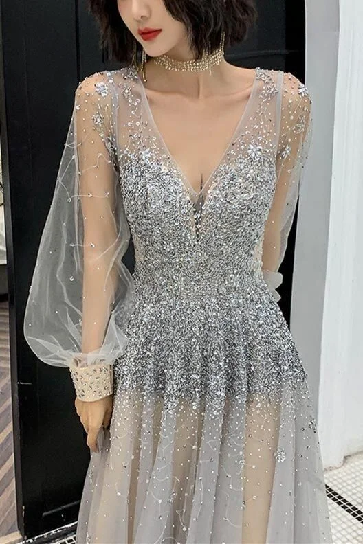 Stylish Savings Luxurious Long Sleeves Silver Sequins Long Prom Dress    cg22719 Final Clearance