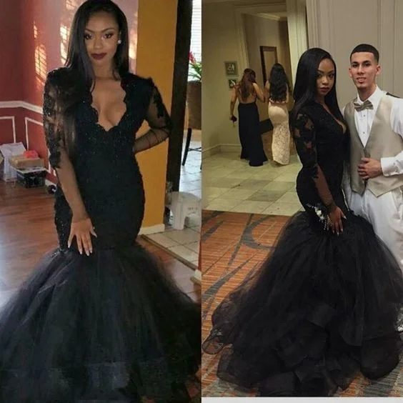 Elegant Fashion Offers Mermaid Long Sleeves Open Front Tulle Black Long Prom Dress    cg22337 Minimalist Elegant