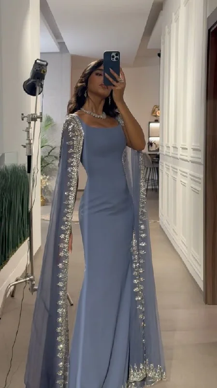 Smart Casual Deals Modest Sheath Square Neckline With Long Sleeves Blue Beads Prom Dresses Long Evening Dress C2864 Graceful Movement