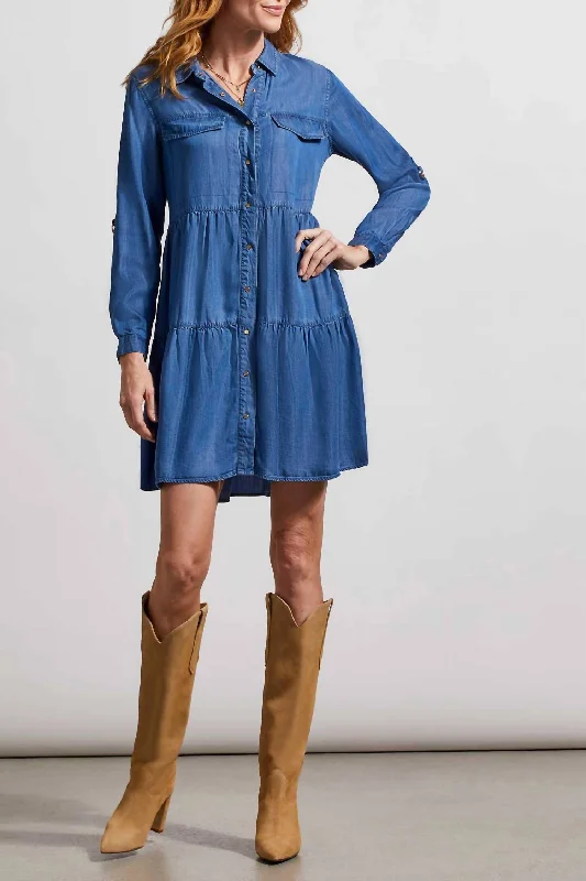 Fashion-Forward Chambray Roll-Sleeve Shirt Dress In Blue Vintage Elegance