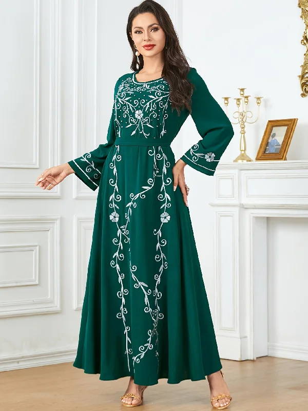 Imeless Style Long Sleeve Elegant Crew Neck Kaftan Dress - Exquisite Embroidery, Cinched Waist, Ankle Length, Polyester Fabric, Machine Washable, Solid Color - Perfect for All Seasons Statement Piece