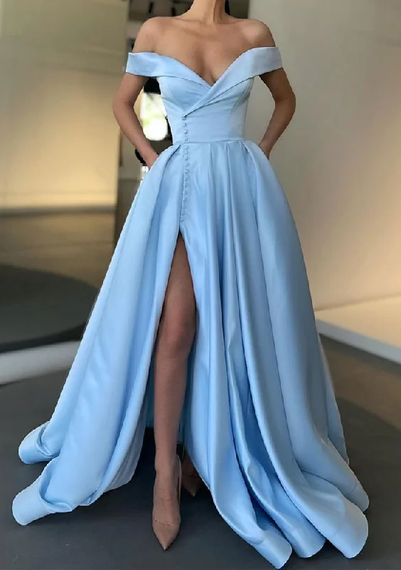 Final Sale Women High Side Slit Prom Dress Long Off-the-Shoulder Evening Gowns Satin Formal Party Dress YPD813 Summer Fashion