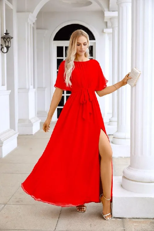 Fashion Sale Ladies Chiffon Sleeve Crew Neck Front Slit Floor Length Bridesmaid Evening Dress Wedding Party Evening Dress 28124 Minimalist Chic