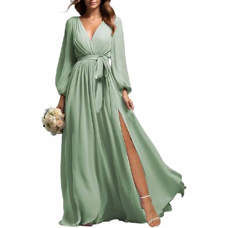 Must Haves Long Sleeve Chiffon Bridesmaid Dresses Lace-Up Prom Dress V-Neck Pleated Wedding Party Gown Y2K Nostalgic Fashion Look