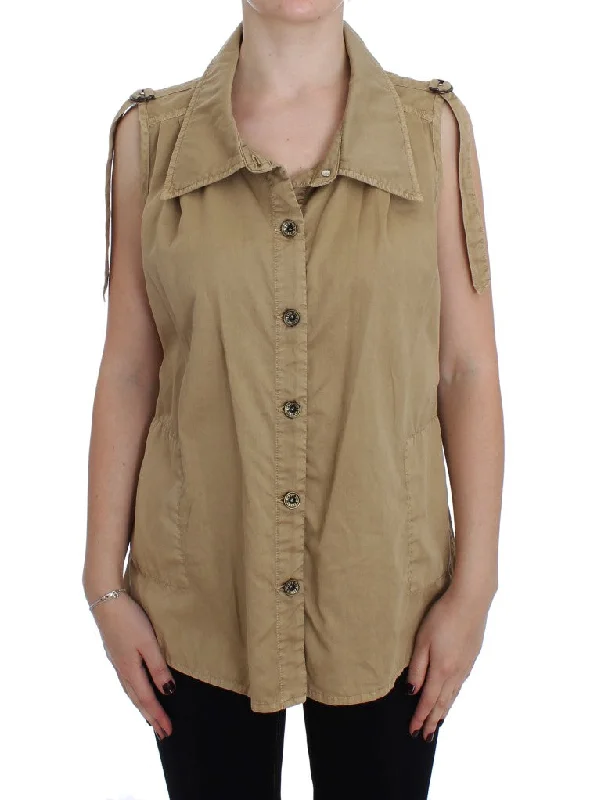 Limited Stock, Big Sale PLEIN SUD Beige Sleeveless Cotton Blouse Effortless Style