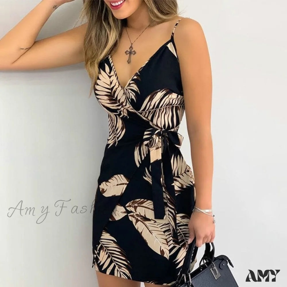 Trendy Looks On Sale Amy Fashion - Holiday Floral Leaves Print Bodycon V-neck Mini Dress Dreamy Draping