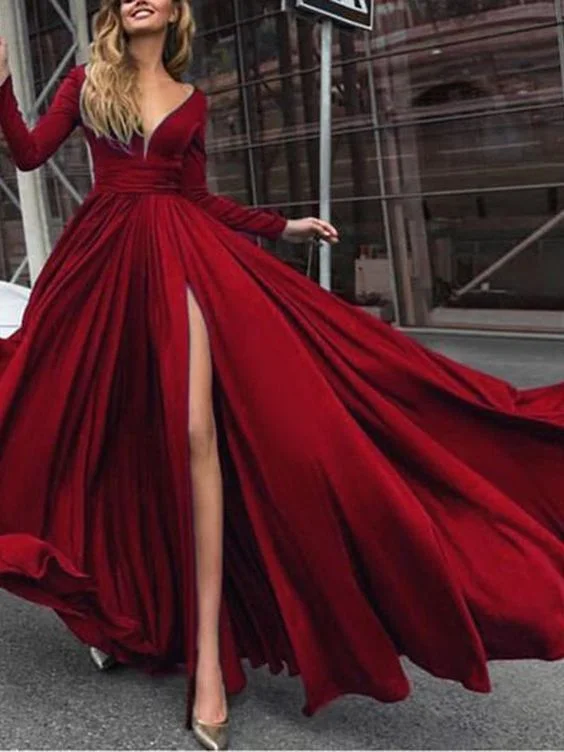 Feminine Luxe Style Sale Split-Front Long Sleeves V-Neck Prom Dress   cg21076 Feminine Elegant