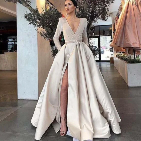 Chic And Edgy ivory prom dresses 2021 deep v neck pleats long sleeve side slit   cg17801 Seasonal Trend