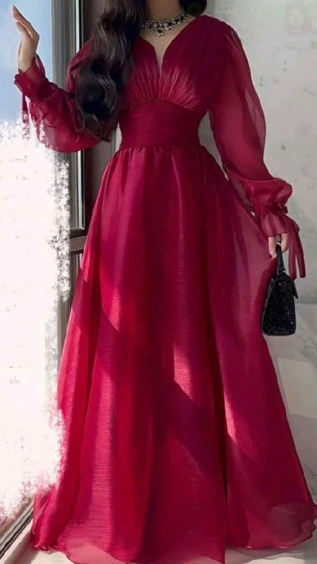 Glamorous Fashion Offers Modest A Line V Neckline Long Sleeves Hot Pink Tulle Long Prom Dresses Evening Dress C3078 Vintage Elegance