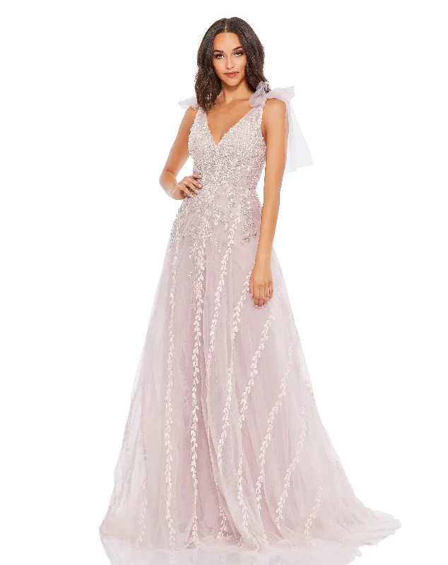 Vintage-Inspired Style Offers Embellished Soft Tie Sleeveless V Neck Gown Elegant Ensemble