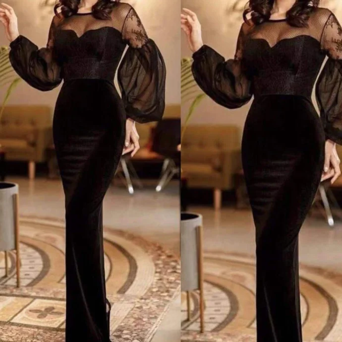 Urban Fashion black prom dresses 2020 long sleeve lace mermaid crew neck evening dresses   cg13649 Floral Style