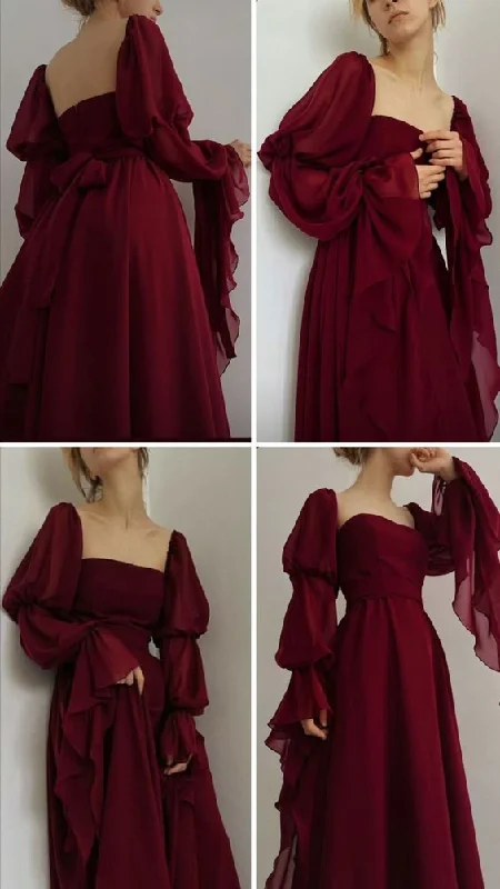 Urban Style Promotions Elegant A Line Square Neckline Burgundy Chiffon Prom Dresses Long Sleeves Evening Dress C2884 Playful Elegance