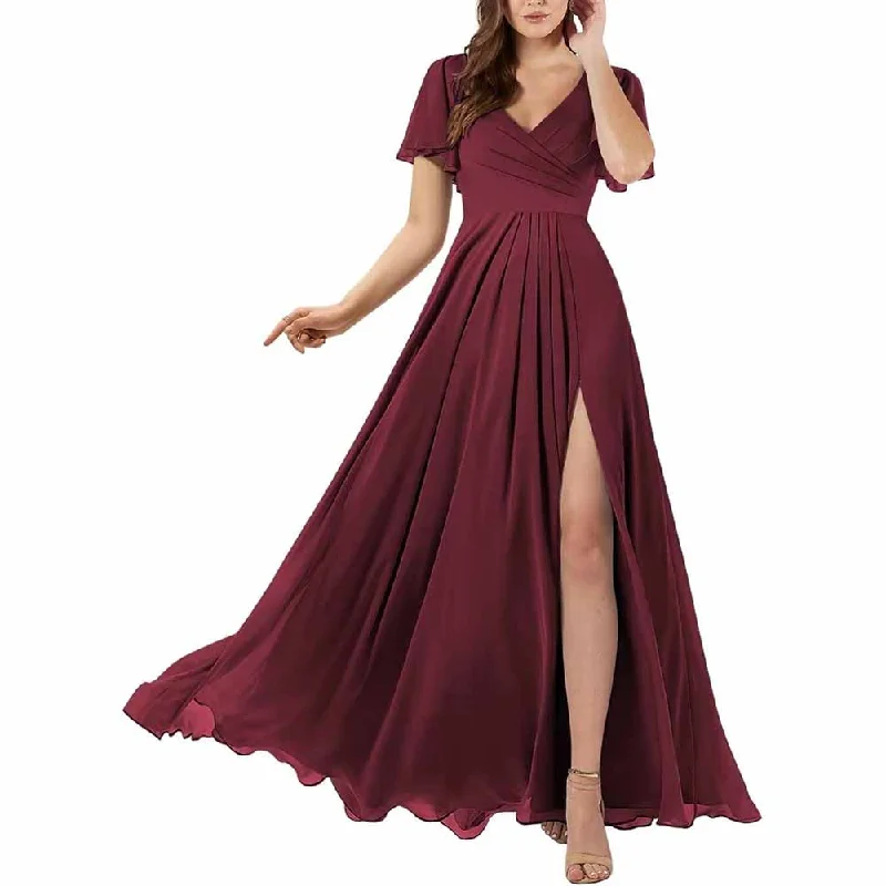 Explore What'S New Short Sleeve Bridesmaid Dresses Long with Slit V Neck Chiffon Formal Dresses Boho Chic