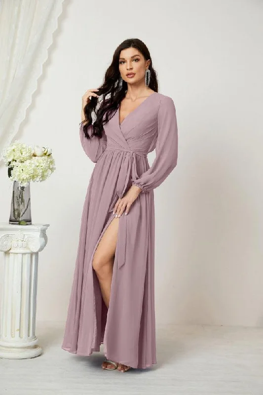 Snag Fabulous Fashion Bargains Numbersea Evening Dresses Deep V-Neck Chiffon Bridesmaid Dresses Long Bishop Sleeve Side Split Formal Dress 2806 Elegant Details