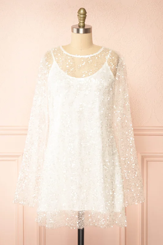 Must-Have Style Discounts Asael Ivory | Short Long-Sleeved Sequin Dress Alluring Design