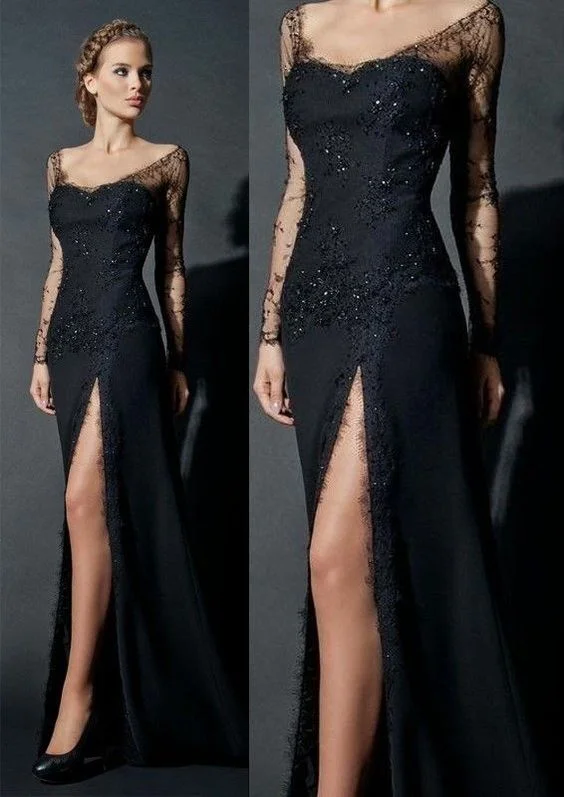 Hot Brand Discounts Black Elegnt Sheath Evening Dress, Long Sleeve Evening Dress, Elegant prom Dress cg2704 Cottagecore Rustic Charm Style