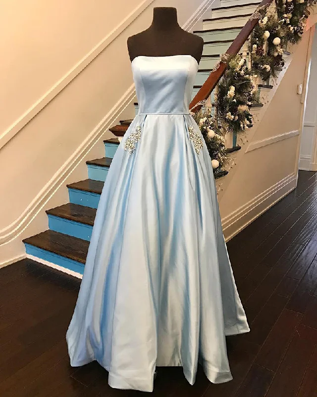 Best Deals Of The Season Strapless Satin A Line Girls  Prom Dresses with Beading Pocket 2019 Long Graduation Gown Vintage Charm