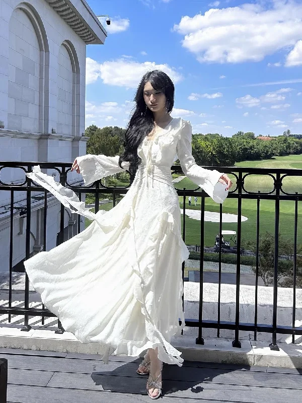 Imeless Style Gorgeous A line Chiffon Long Sleeves White Prom Dress With Layers C2674 Flowy Fabric