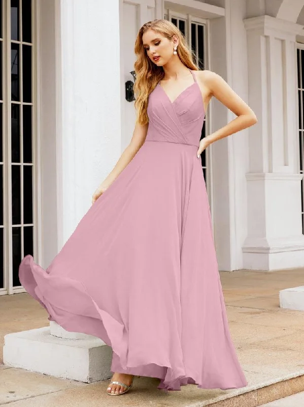 Luxury Fashion Discounts Numbersea Halter Chiffon Bridesmaid Dresses Wedding Appare Sleeveless Formal Prom Dress with Ruffled Back 28035 Refined Look