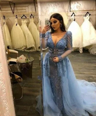 Trend Forward Threads Gorgeous Long Sleeves V-Neck Lace Beaded Mermaid Prom Dresses with Over Skirt    cg16170 Romantic Flair