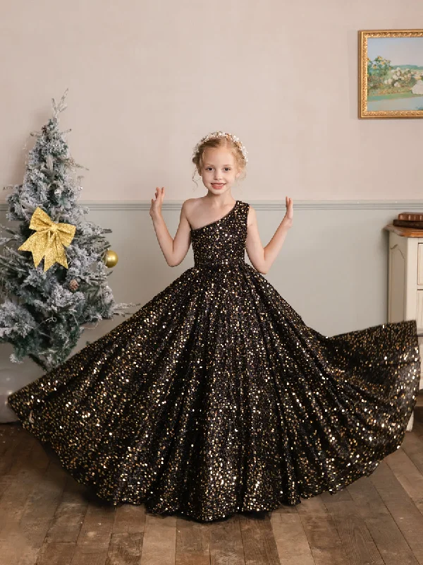 Boutique Styles One-Shoulder Velvet Sequins Sleeveless Flower Girl Dresses Contemporary Chic