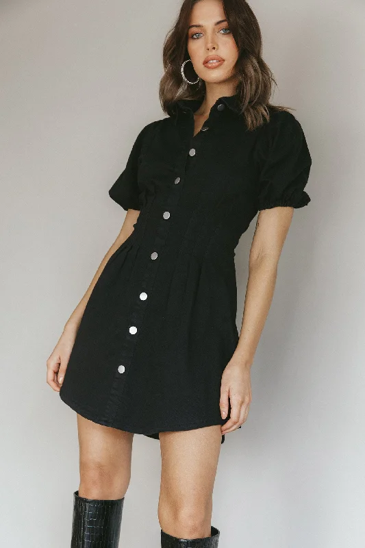 Fashion Forward Zurich Pleated Waist Shirt Dress Black Casual Elegance