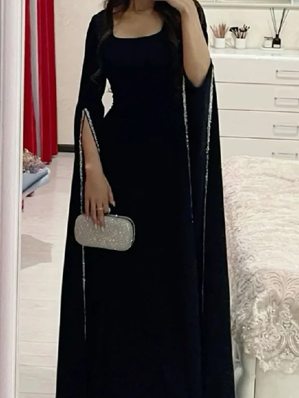 Fashion Sale Classy Sheath Square Neckline Long Sleeves Black Long Party Dress Prom Dresses Evening Dress C3344 Sophisticated Cut