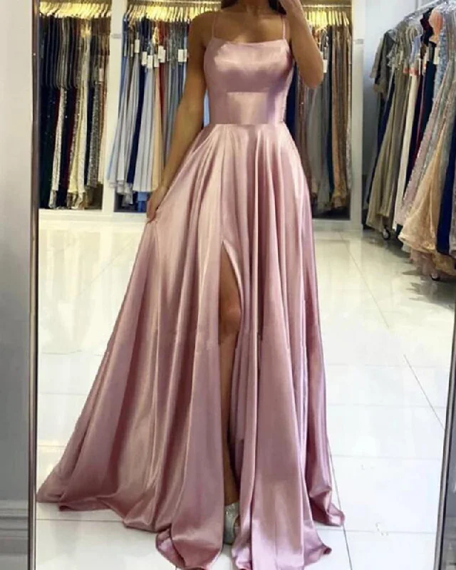 Budget Friendly Elegant Halter Satin Dust Pink Long Prom Dress with Split Leg, Evening Dress Long PL0615 Rustic Countryside Charm Look