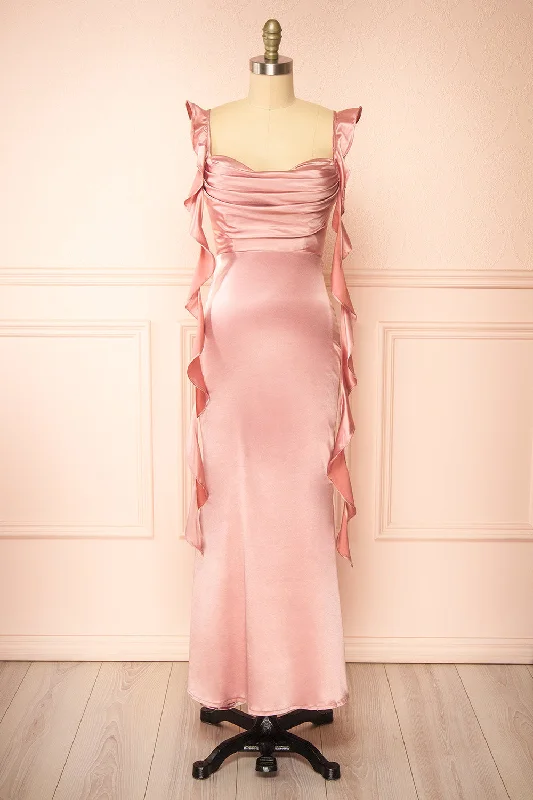 Step Ahead, Lead The Trend Rolania | Long Mauve Satin Dress Contemporary Elegance