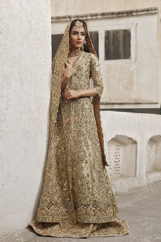 Catch Every Fashion Trend Latest Pakistani designer bridal peshwaz dress in dull gold color # B3446 Casual Weekend Relaxed Style