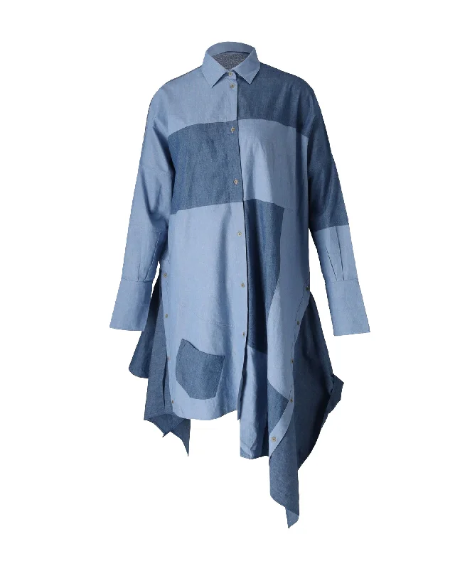 The Latest Trends Loewe Asymmetric Patchwork Chambray Shirt Dress in Blue Cotton Lightweight Fabric