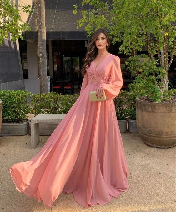 Trendy Looks On Sale Women's Long Sleeve Country Bridesmaid Dress V Neck Chiffon Evening Dress Y7208 Classic Appeal