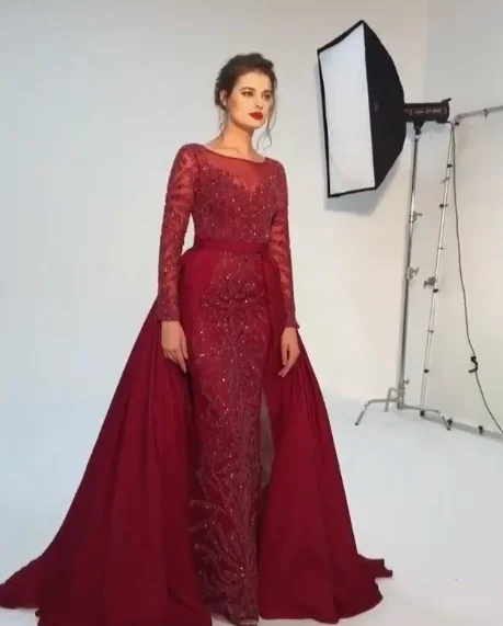 Sleek Style Discounts sexy Sheer Long Sleeve Burgundy Evening Dresses Prom Dress   cg18213 Vintage Look